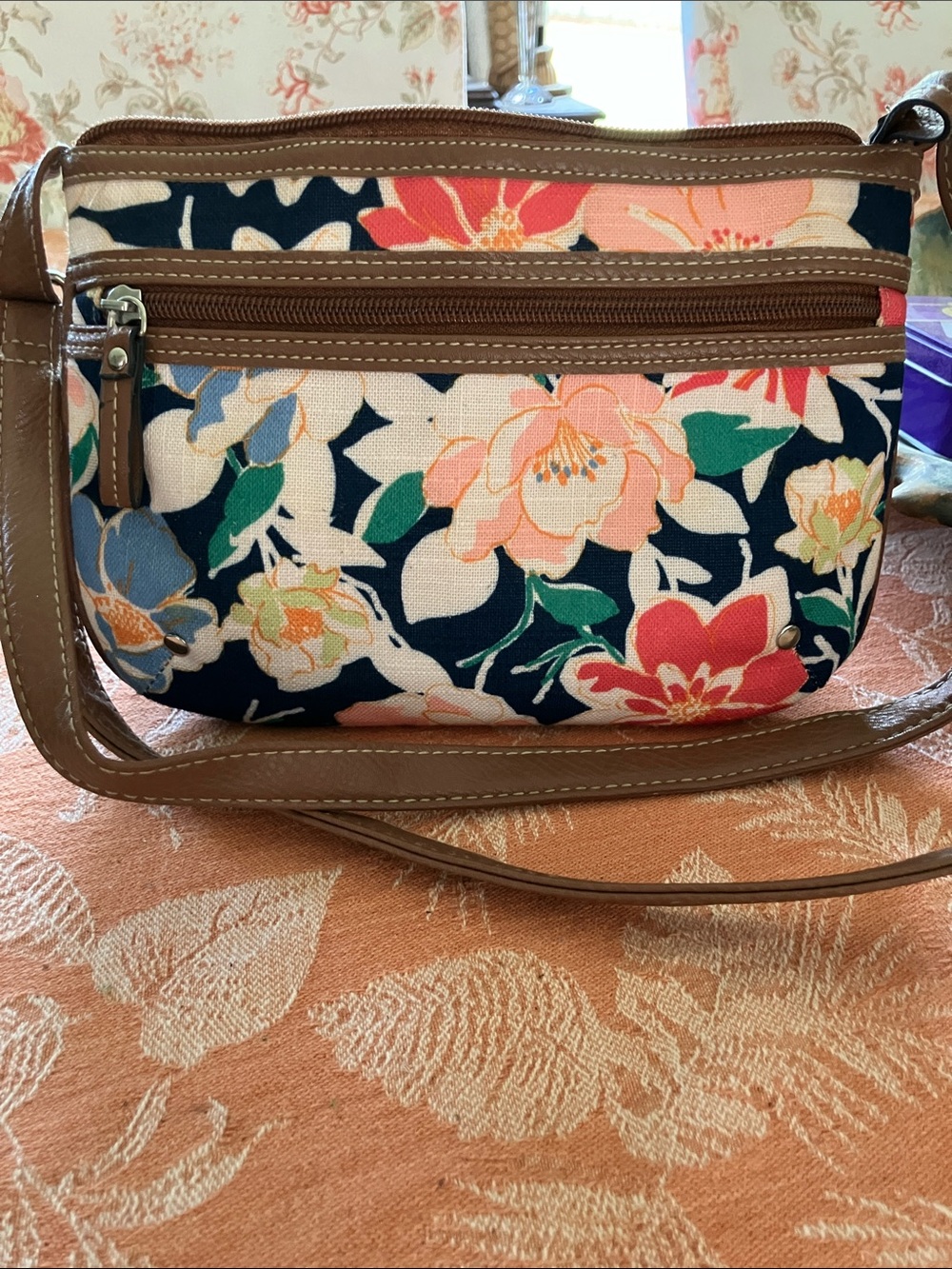 croft & barrow Navy Floral Crossbody with Peach and Coral Blooms